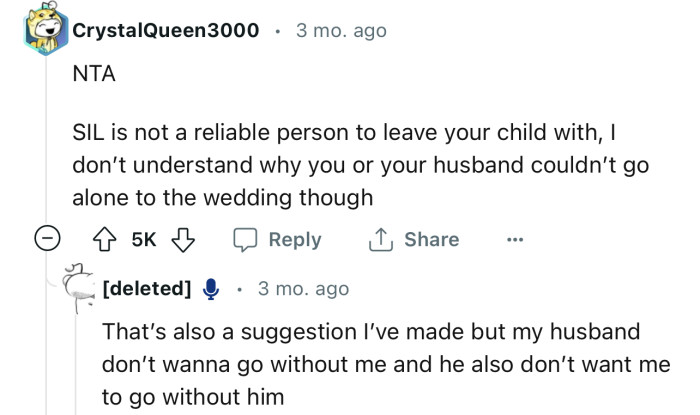 “NTA…SIL is not a reliable person to leave your child with.”