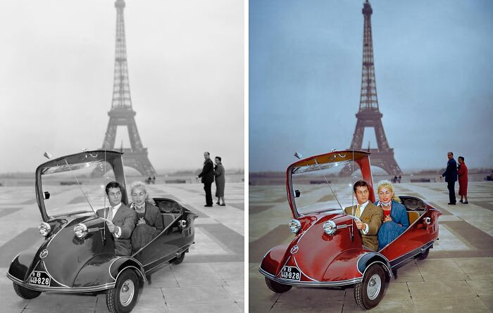 Janet Leigh and Tony Curtis are trying a Messerschmitt KR 200 in Paris, photographed in 1955.