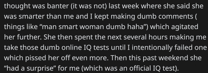 OP, in retaliation, responds with foolish comments that annoy his wife