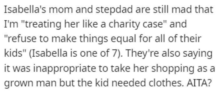 Isabella's parents are both mad at OP for treating her like a charity case
