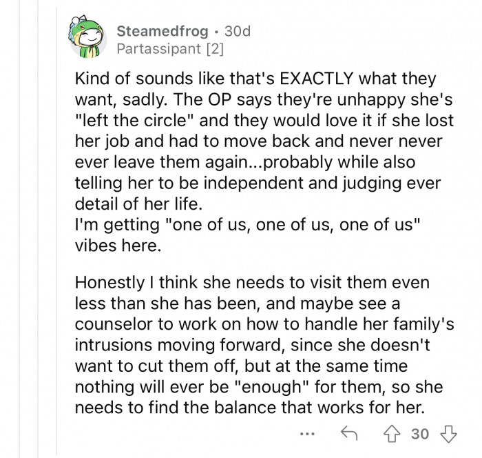 OP needs to visit her family even less.