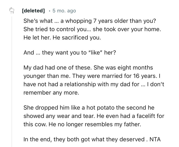 “She tried to control you… she took over your home. He let her. He sacrificed you.”