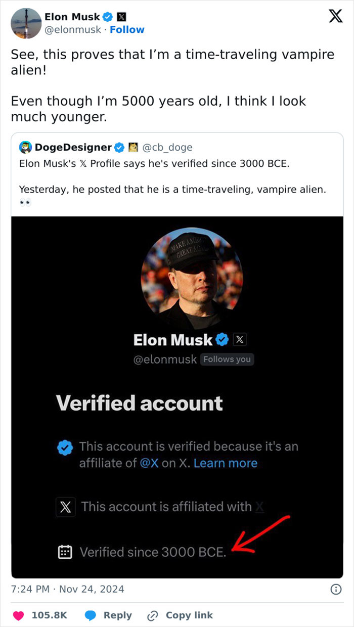 Musk’s latest title is now proudly displayed on X—“verified since 3000 BCE”