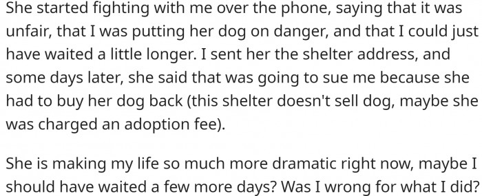 OP provided her with the shelter address, and her friend subsequently threatened legal action.