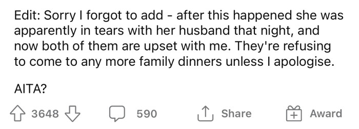 OP's family is expecting an apology from her after how she handled the situation.