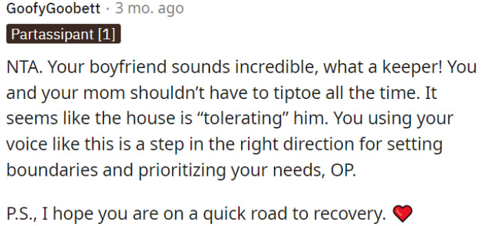 OP's boyfriend is great, and it's essential not to tiptoe around the issue.