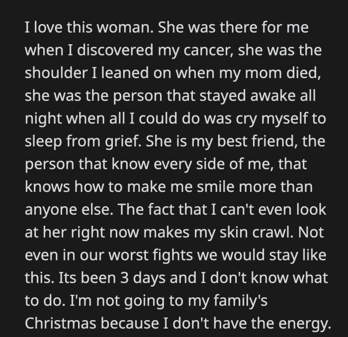 OP felt a myriad of emotions. He was heartbroken that he couldn't even look at his wife. She had been there during the lowest points of his life. After the confrontation, they haven't spoken and have stayed in different rooms.