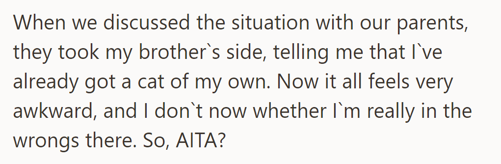 Their parents sided with their brother, claiming they already have a cat, making them question if they’re wrong.