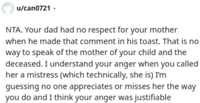 In support of her late mother's honor, OP refers to her father's fiancée as a 'mistress.'