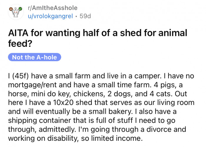 The OP recently shared a story about how she allowed her mother's cousin to move onto her farm with her camper.