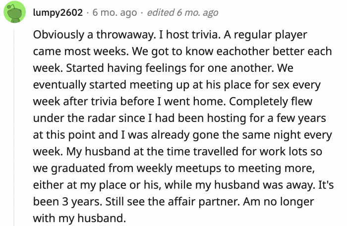 20. The trivia host who lost her marriage but stayed with her affair partner