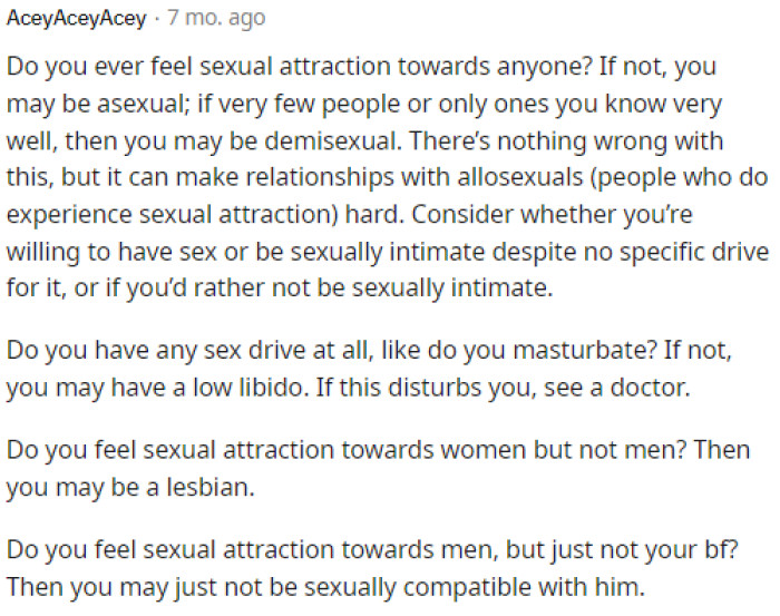 Many people are saying this and are asking her numerous questions, but we've yet to see any response from OP regarding her thoughts on asexuality.