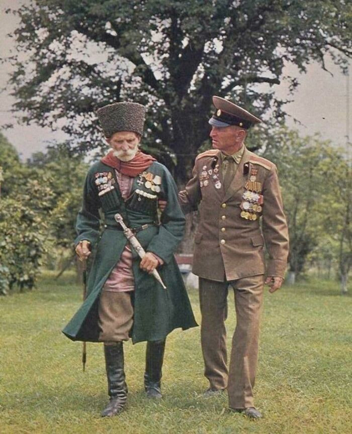 "112 Year-Old Teimruz Vanacha (Left), Veteran Of WWI And The Russian Civil War, With His Son Ivan, A Veteran Of WWII, In 1980"