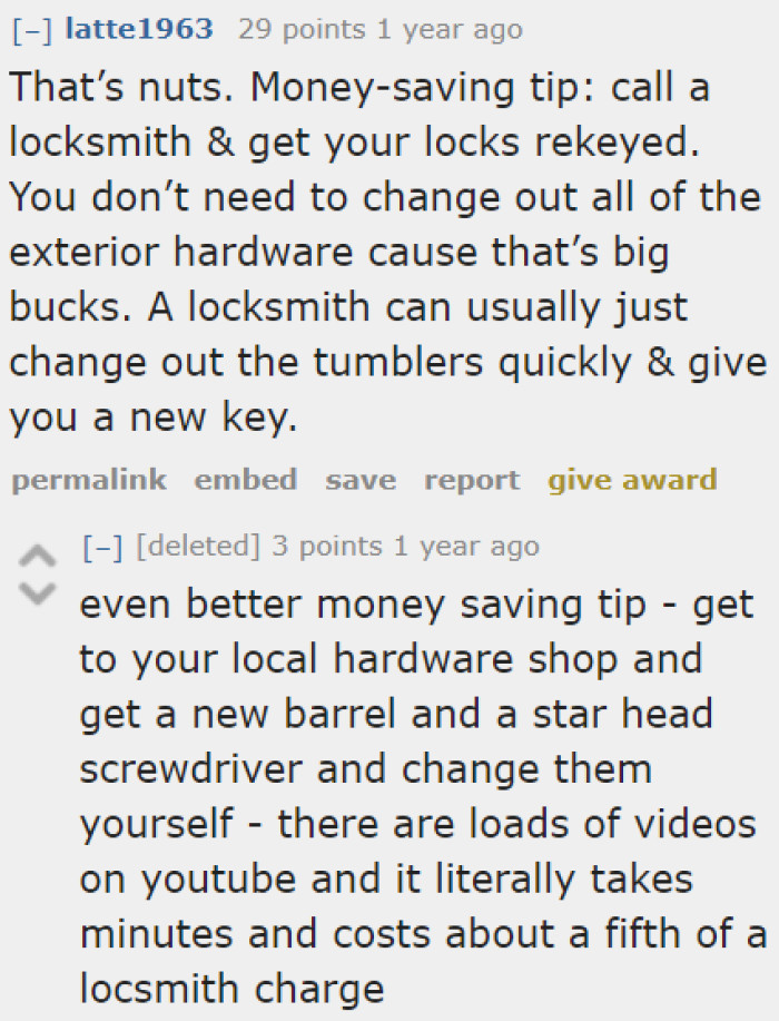 A Redditor Suggests Rekeying the Locks So She Can Save Money.