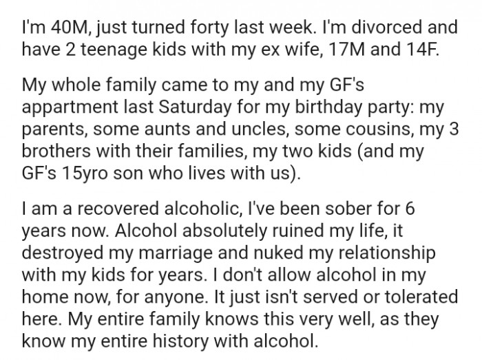 The OP is a recovered alcoholic, and he's been sober for six years now
