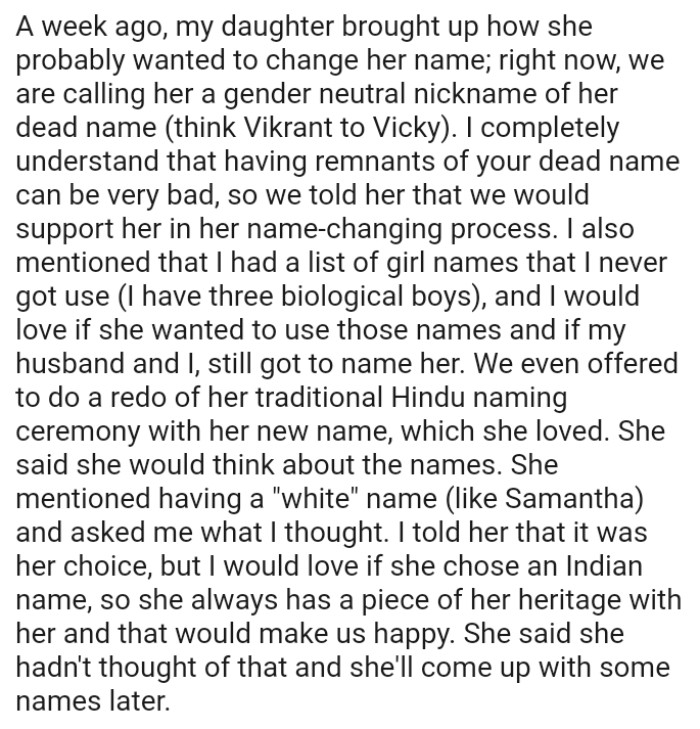 They Even Offered to Redo Her Traditional Hindu Naming Ceremony with Her New Name