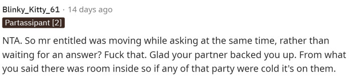 The first comment states that OP is NTA and expresses happiness that her partner was supportive.