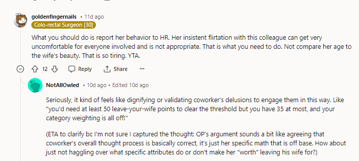 17. Not compare her age to the wife's beauty. That is so tiring. YTA.