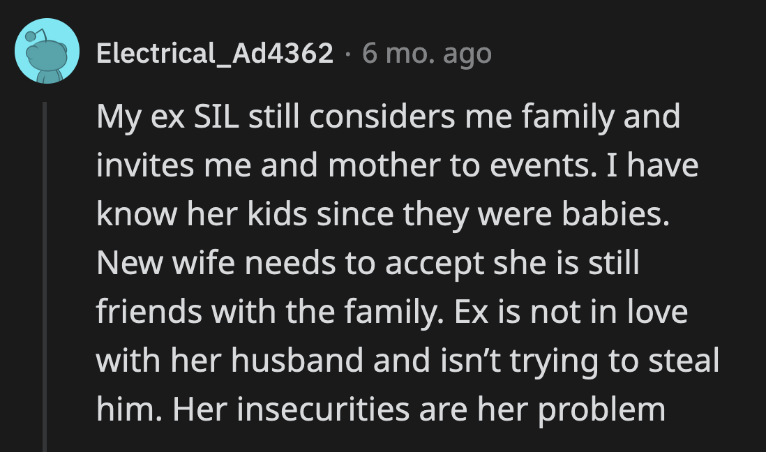 A commenter thought Sabrina's close relationship with her ex-boyfriend's family wasn't too odd.