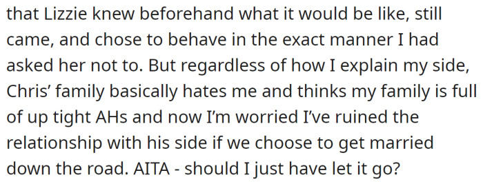 But the OP is concerned about Chris's relatives who tell her that her family is too conservative: