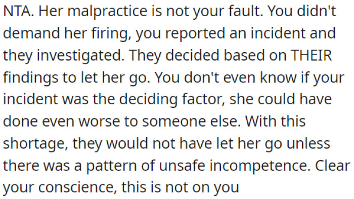 OP shouldn't blame herself; it's likely there was a pattern of incompetence, and OP's incident may not have been the sole reason for her dismissal.