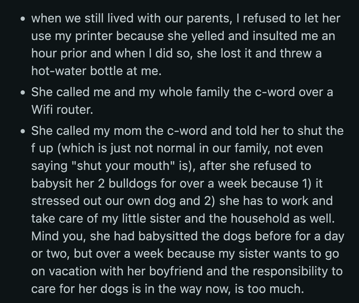 She also texted a barely veiled threat that OP should be careful that nothing should happen to her car. Her sister was a mechanic. She blocked OP without saying anything else.