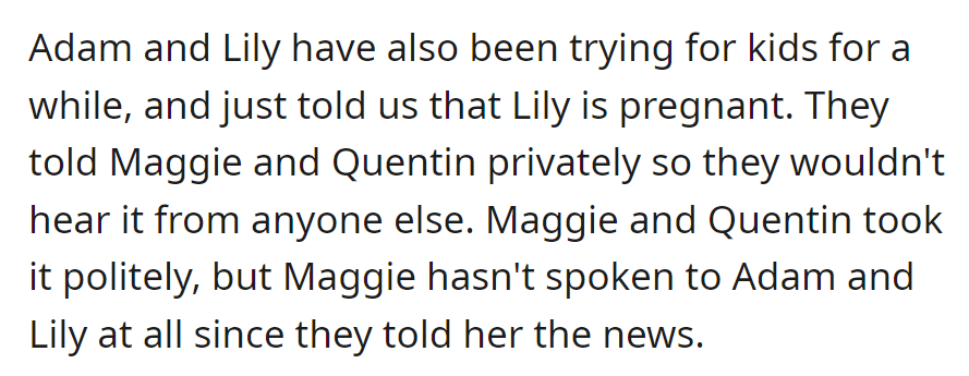 Adam and Lily, trying for kids, privately told Maggie and Quentin about Lily's pregnancy. Maggie hasn't spoken to them since.