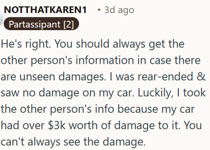 Always get the other driver's info after an accident, even if there is no visible damage