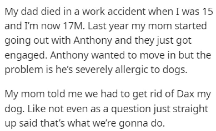 OP's father died about two years ago, and his mom is now engaged to Anthony