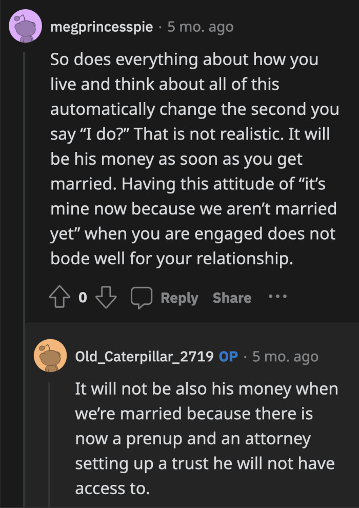 Now that they have a prenup in place, Brian won't be touching any of OP's assets that she acquired while she was still single