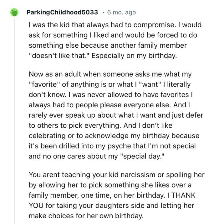 “I THANK YOU for taking your daughter's side and letting her make choices for her own birthday.”