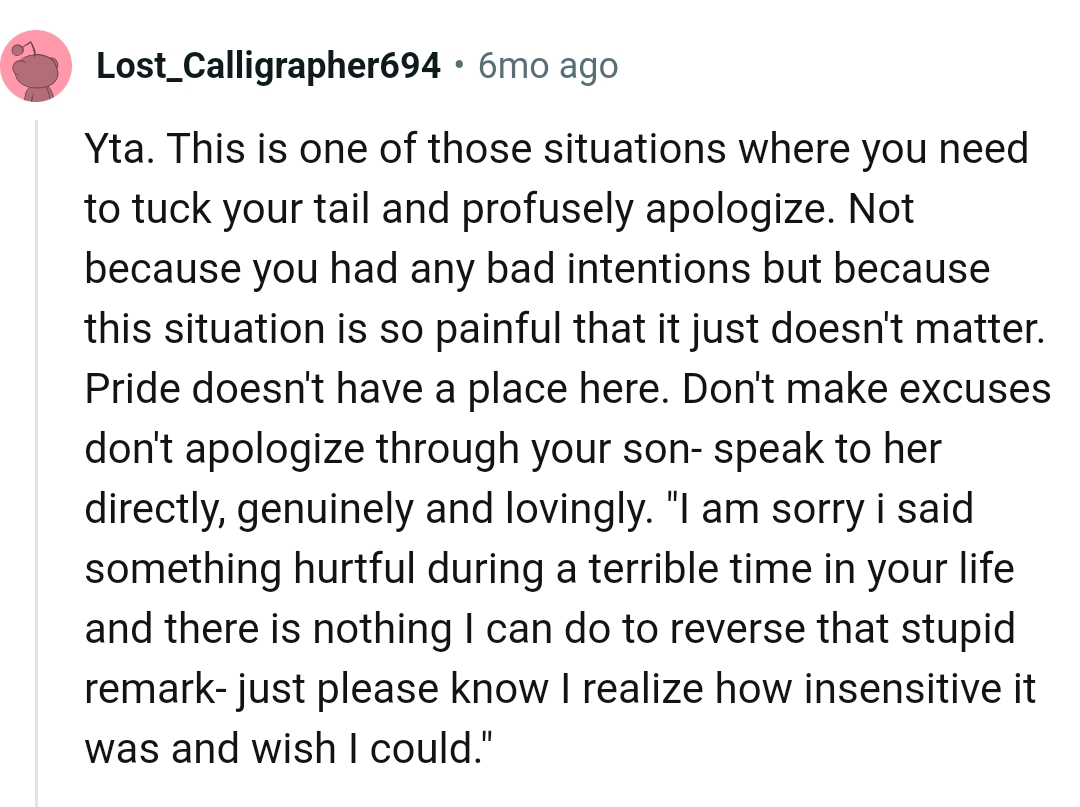 The OP shouldn't apologize through her son
