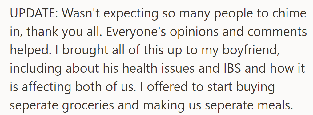 OP discussed everything with her boyfriend, offering separate groceries and meals.