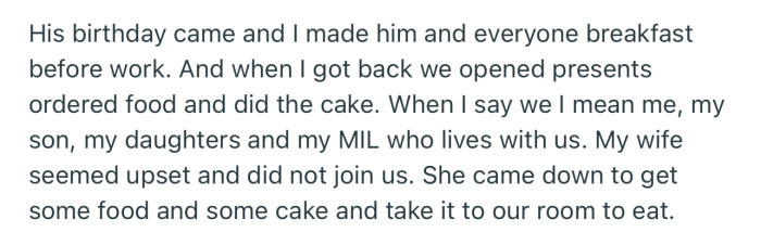 The birthday came, and everyone seemed happy except OP’s wife