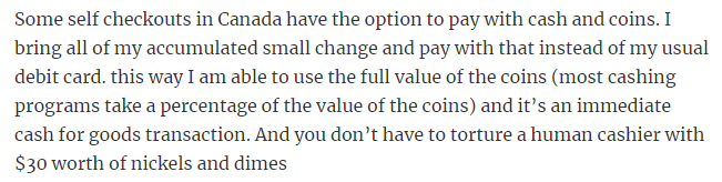 45. Instead of taking coins to Coinstar or cashing them in, spare change can be used at self-checkout lanes.