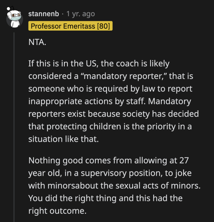 The moment Kate's mom called the head coach, things were out of their control. He probably had no choice but to report what Theresa did since their job revolved around working with minors.