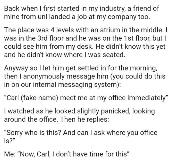 The place was 4 levels with an atrium in the middle and the OP was on the 3rd floor