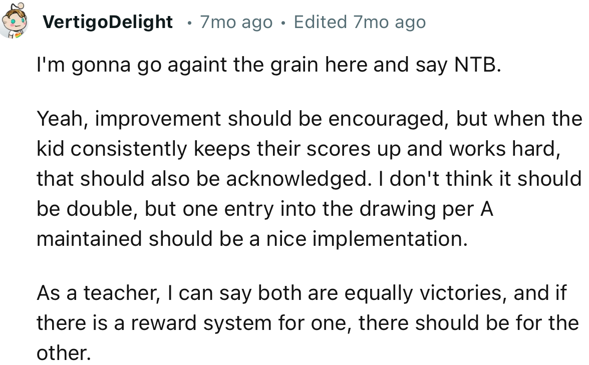 “NTB. Improvement should be encouraged, but when a kid consistently keeps their scores up and works hard, that should also be acknowledged.”