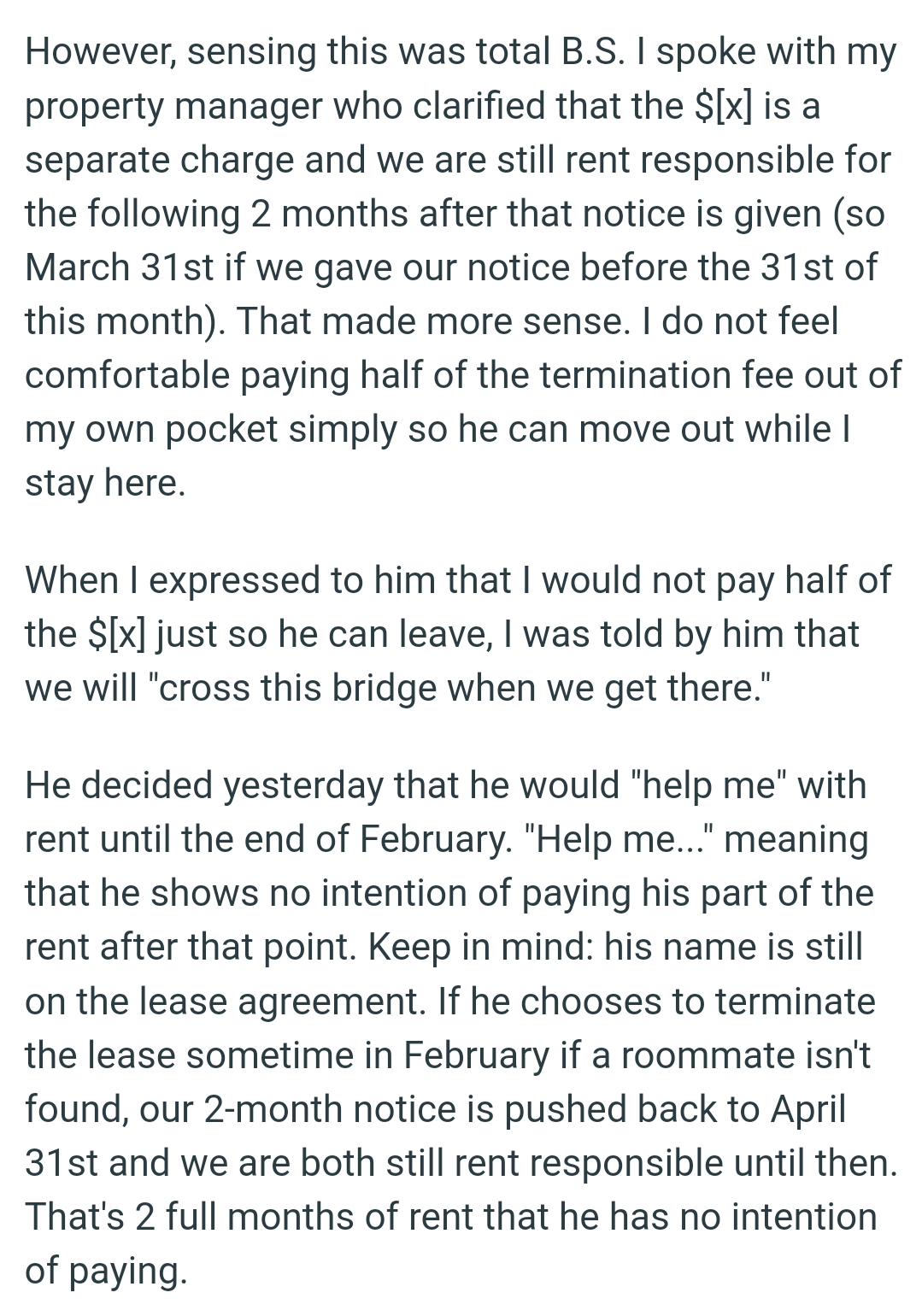 OP Doesn't Feel Comfortable Paying Half of the Termination Fee Out of His Own Pocket