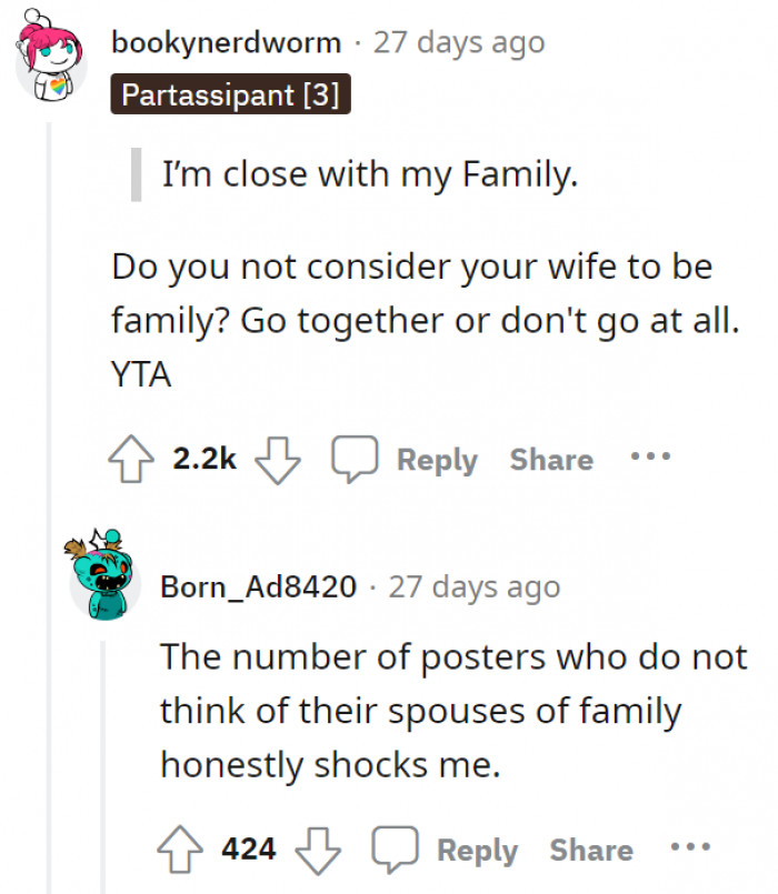 Apparently, many people don't consider their wives as family. That sucks.
