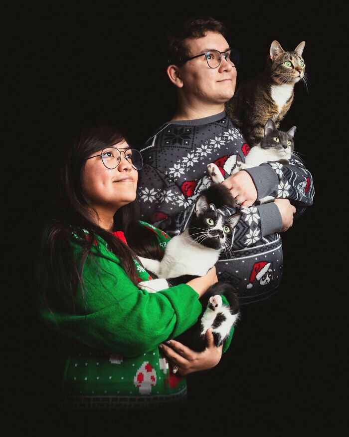 "My Wife And I Made An 80s Inspired Christmas Card Photo With Our Cats This Year"