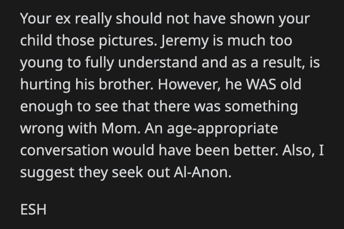 It was definitely inappropriate for OP's ex-husband to show those photos to their young son