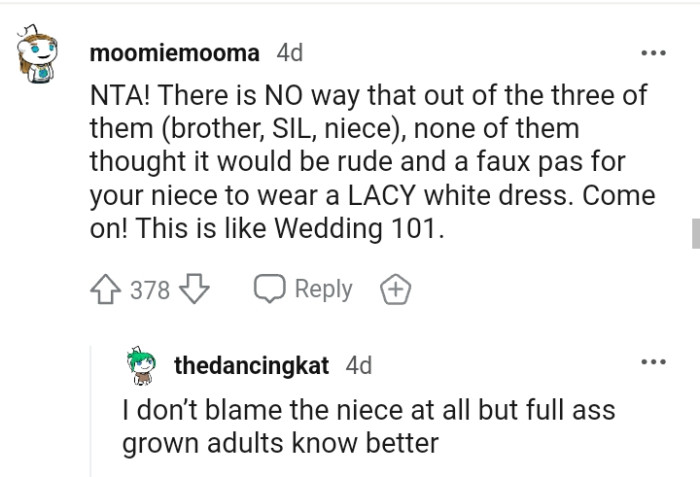 It is rude for the OP to wear a lacy white dress to her wedding