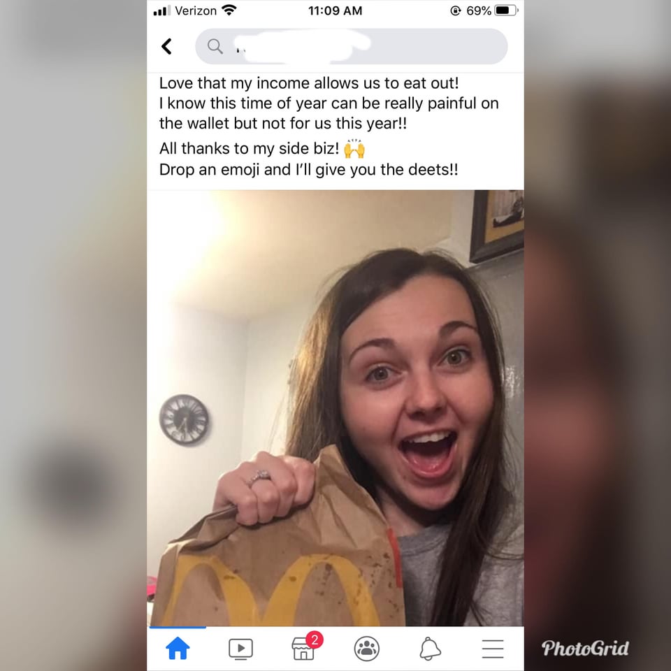 This is the original post that someone shared on Reddit, and they screenshotted this woman's Facebook post where she's promoting her business.