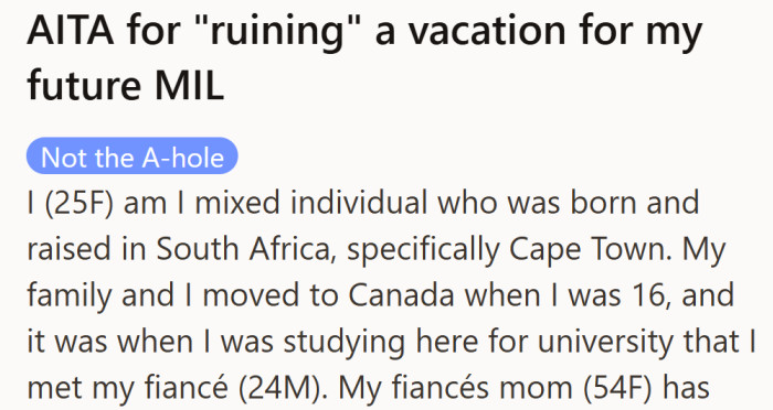 What started as a cheerful family dinner turned uneasy when her fiancé’s mom revealed she’d chosen Cape Town for their next vacation.