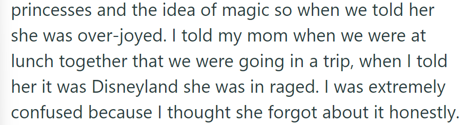 Daughter excited for Disneyland; but OP's mention of it angers her mother.
