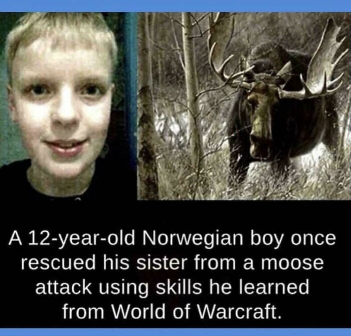 "Hans Jorgen Olsen, a 12-year-old Norwegian boy, saved himself and his sister from a moose attack using skills he learned from World of Warcraft."