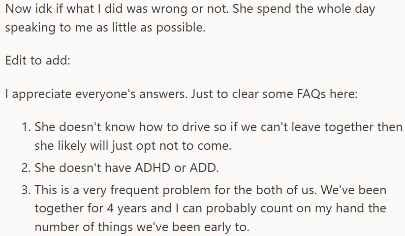 Boyfriend lies about the event time to make a chronically late girlfriend arrive early, sparking an argument.