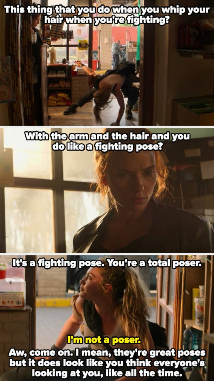 3. In Black Widow (2021,) Yelena continuously teases Natasha's