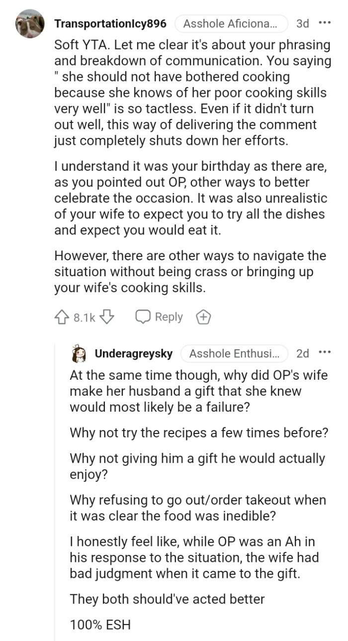 It was unrealistic of the OP's wife to expect him to try all the dishes